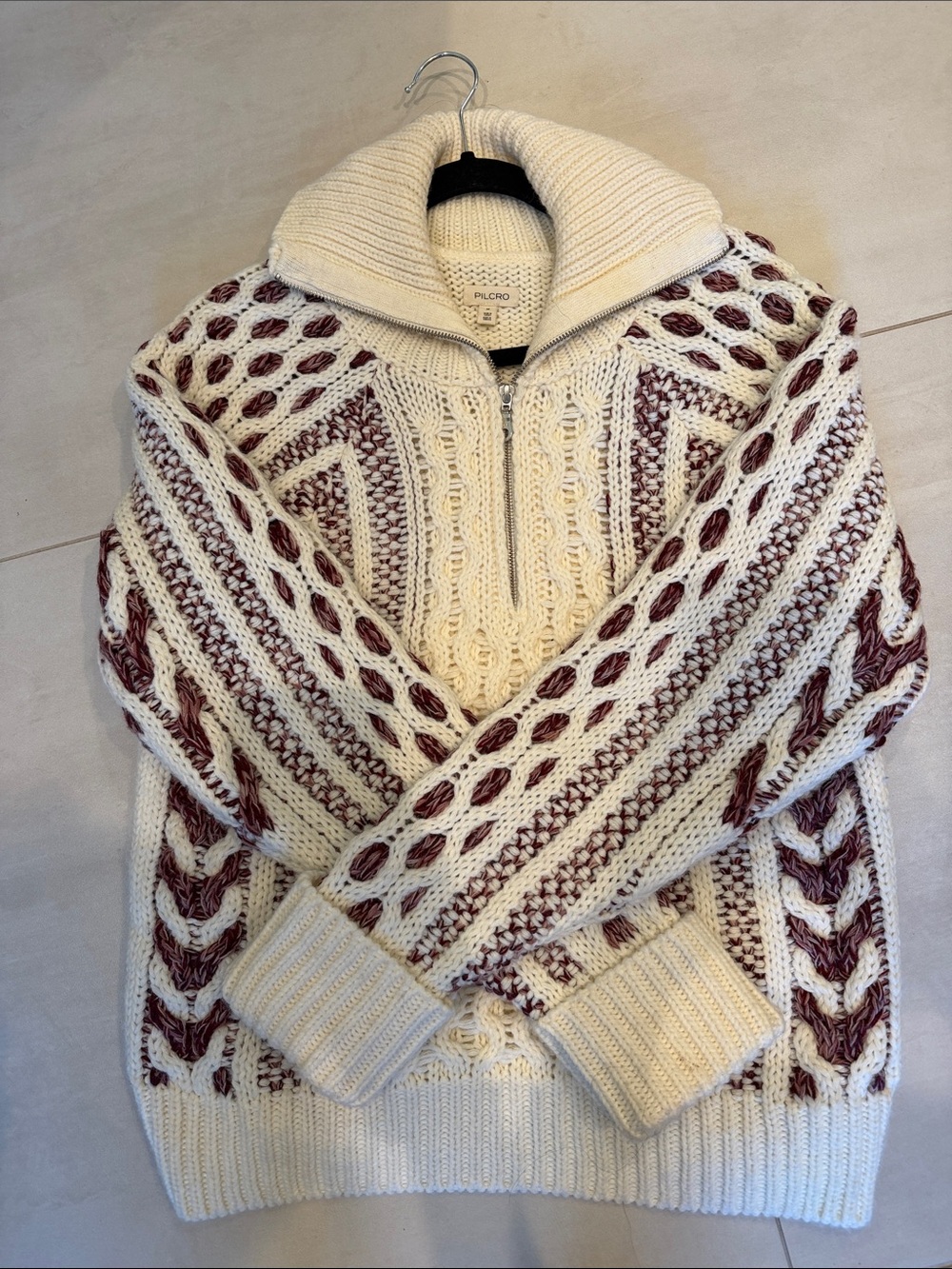 Pilcro Cream and Burgundy Cable Knit Half-Zip Turtleneck Sweater